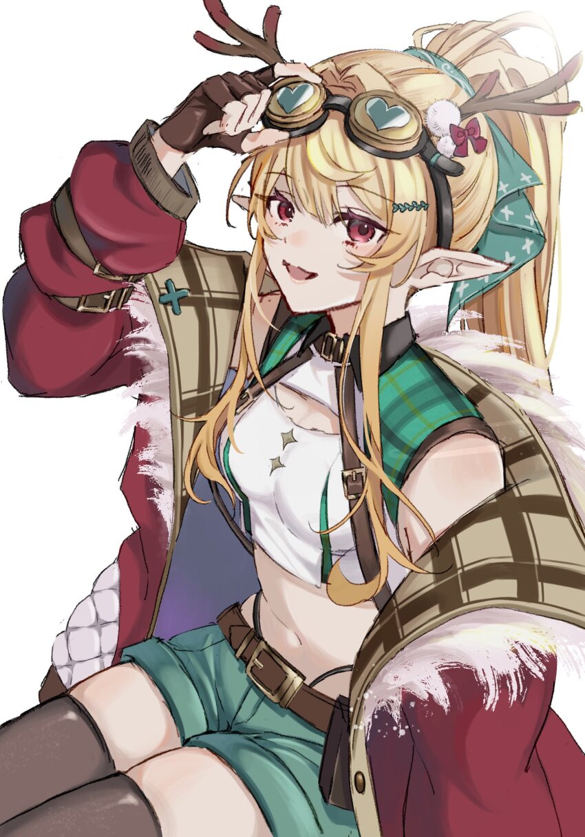 1girl, antlers, belt, black_thighhighs, blonde_hair, brown_belt, commentary, crop_top