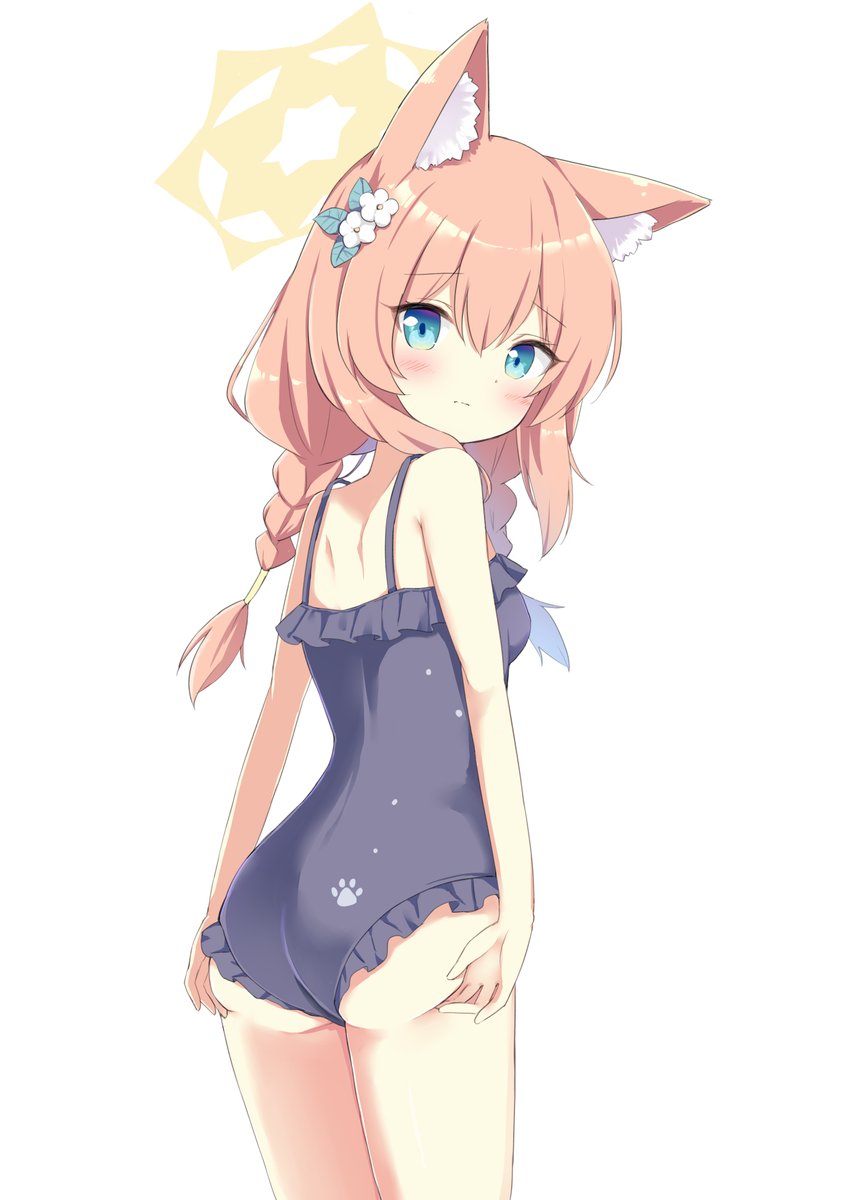 1girl, animal_ear_fluff, animal_ears, ass, ass_support, bare_arms, bare_shoulders, blue_archive, blue_eyes, blue_one-piece_swimsuit, blush, braid, breasts, closed_mouth, cowboy_shot, embarrassed, flower, frilled_one-piece_swimsuit, frills, from_side, furrowed_brow, hair_between_eyes, hair_flower, hair_ornament, halo, highres, kurumizawa_ruri, leaf_hair_ornament, long_hair, looking_at_viewer, looking_to_the_side, low_twin_braids, mari_(blue_archive), one-piece_swimsuit, orange_hair, paw_print, shoulder_blades, simple_background, one_ear_down, small_breasts, solo, spaghetti_strap, standing, swimsuit, twin_braids, white_background, yellow_halo