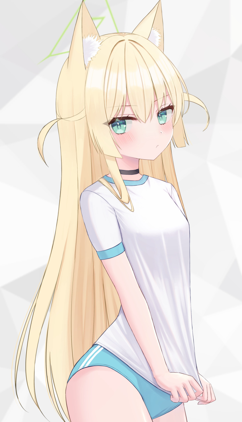 1girl, absurdres, animal_ears, blonde_hair, blue_archive, blue_buruma, blush, breasts, buruma, closed_mouth, commentary_request, fox_ears, fox_girl, green_eyes, gym_uniform, halo, highres, iris37337, kurumi_(blue_archive), long_hair, looking_at_viewer, shirt, shirt_tug, simple_background, small_breasts, standing, very_long_hair, white_background, white_shirt