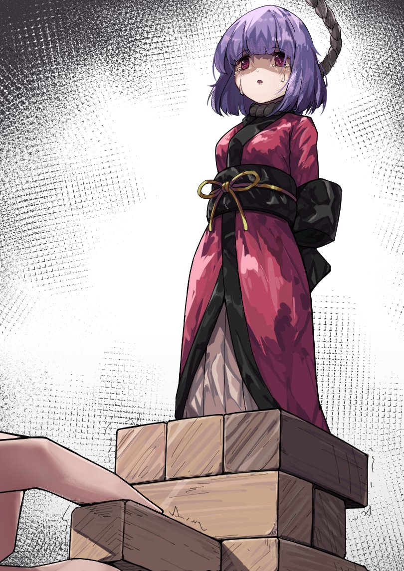 1girl, arms_behind_back, black_bow, bow, crying, crying_with_eyes_open, dress, impending_doom, japanese_clothes, jenga, kimono, lips, long_sleeves, mini_person, minigirl, noose, obi, open_mouth, pleated_dress, pulling, purple_eyes, purple_hair, purple_kimono, sash, simple_background, sukuna_shinmyoumaru, tears, tierra_misu, touhou, waist_bow, white_background, white_dress, wide_sleeves