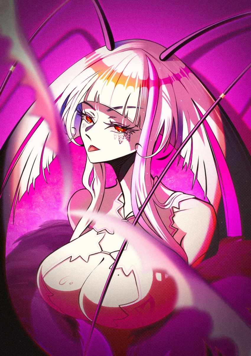 1girl, antenna_hair, arthropod_girl, blunt_bangs, breasts, cleavage, cleavage_cutout, clothing_cutout, cockroach_girl, dress, fur-trimmed_dress, fur_trim, highres, large_breasts, long_hair, looking_at_viewer, matara_kan, matara_kan_(1st_costume), mei_(hiimeiree), mole, mole_on_breast, monster_girl, pink_hair, red_eyes, sidelocks, sleeveless, sleeveless_dress, tongue, tongue_out, very_long_hair, virtual_youtuber, vshojo, white_dress