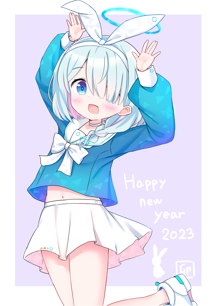 1girl, 2023, :d, absurdres, arms_up, arona_(blue_archive), bare_legs, blue_archive