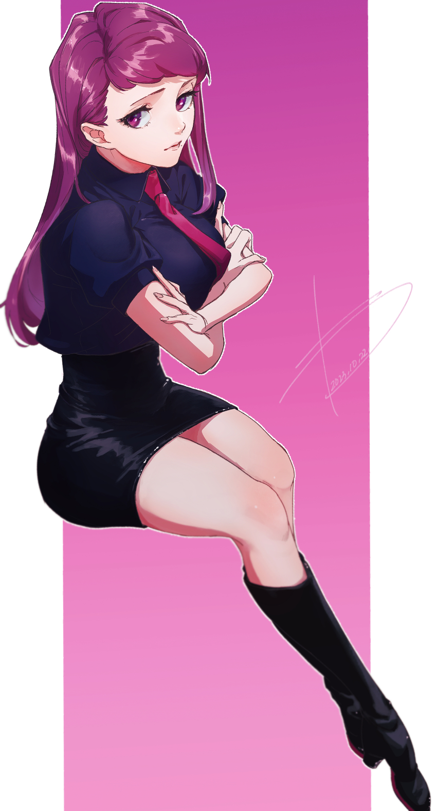 1girl, 2023, absurdres, alternate_costume, black_boots, black_skirt, boots, crossed_arms