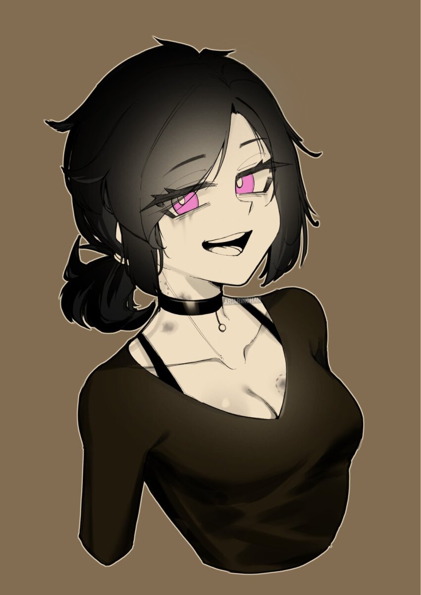 1girl, aria_rin_(artist), ashley_graves, bite_mark, bite_mark_on_breast, black_choker, black_hair, black_shirt, bra, breasts, brown_background, choker, cleavage, collarbone, cropped_torso, highres, long_hair, medium_breasts, open_mouth, pink_eyes, ponytail, shirt, simple_background, smile, solo, teeth, the_coffin_of_andy_and_leyley, tongue, underwear, upper_teeth_only