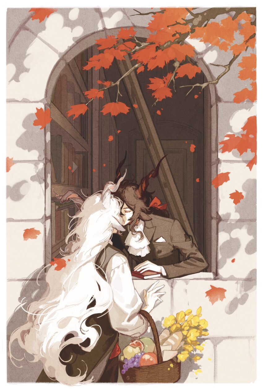 2boys, animal_ears, apple, arknights, ascot, autumn_leaves, baguette, basket