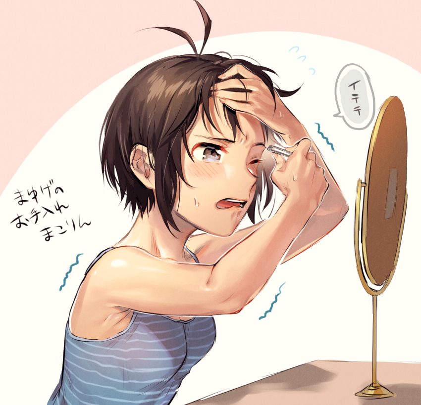 1girl, adjusting_hair, antenna_hair, armpits, bare_shoulders, blue_camisole, blush, breasts, brown_eyes, brown_hair, camisole, circle, close-up, commentary, flying_sweatdrops, from_side, furrowed_brow, hand_on_own_forehead, highres, holding, idolmaster, idolmaster_(classic), kikuchi_makoto, leaning_forward, looking_ahead, looking_at_mirror, mihen, mirror, one_eye_closed, open_mouth, pain, pink_background, plucking_hair, short_hair, sitting, small_breasts, solo, spaghetti_strap, speech_bubble, striped_camisole, sweatdrop, table, teeth, translated, trembling, tweezers, two-tone_background, upper_body, vanity_table, very_short_hair, wavy_mouth, white_background, wince