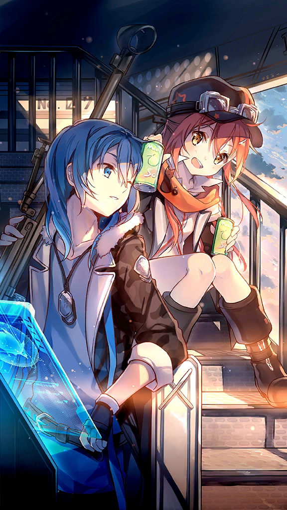 1boy, 1girl, aalter_(iron_saga), blue_eyes, blue_hair, bottle, charlotte_(iron_saga), dog_tags