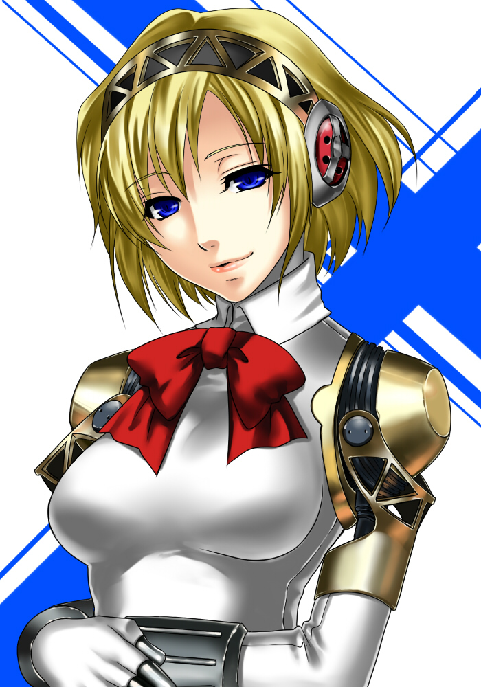 1girl, aigis_(persona), android, atlus, bad_id, bad_pixiv_id, blonde_hair, blue_eyes, bow, female_focus, ogera_okera, persona, persona_3, smile, solo