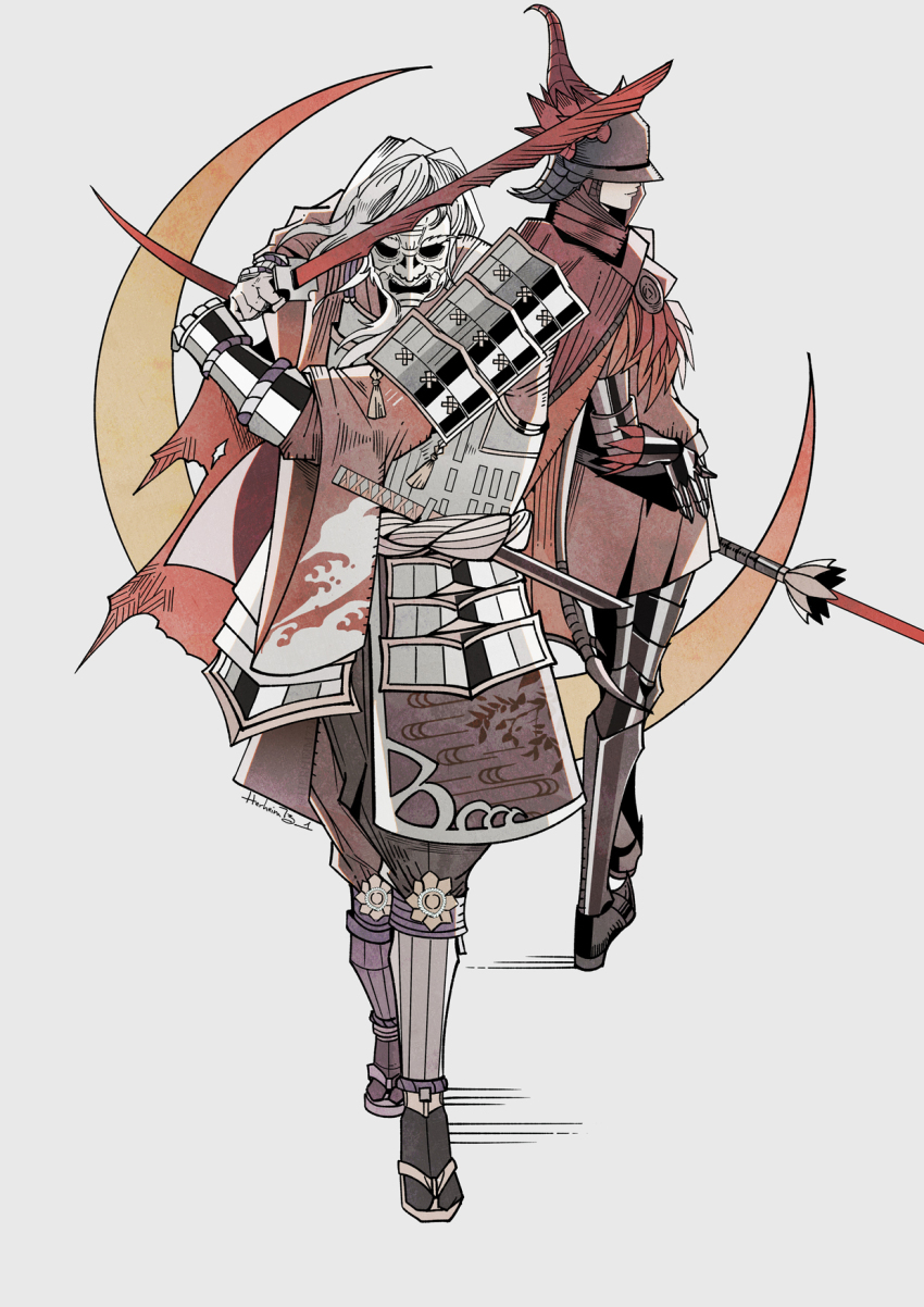 1boy, 1girl, armor, bloody_finger_okina, covered_face, crescent_moon, elden_ring, eleonora_violet_bloody_finger, gauntlets, greaves, helmet, herheim, highres, holding, holding_sword, holding_weapon, japanese_armor, long_hair, mask, moon, rapier, sandals, simple_background, sword, weapon, white_background, white_hair, zouri