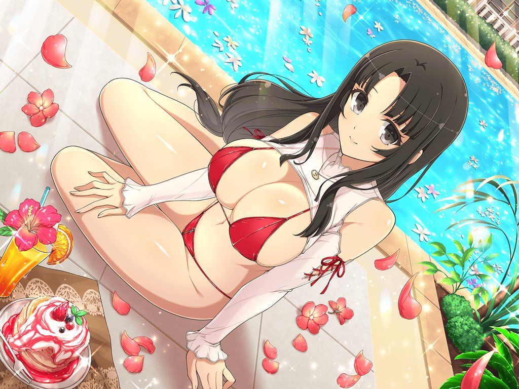 1girl, bikini, blueberry, breasts, brown_eyes, brown_hair, cake, cleavage
