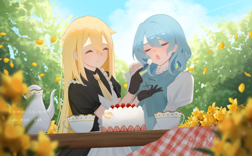 2girls, blonde_hair, blue_hair, blush, cake, closed_eyes, closed_mouth, dandelion