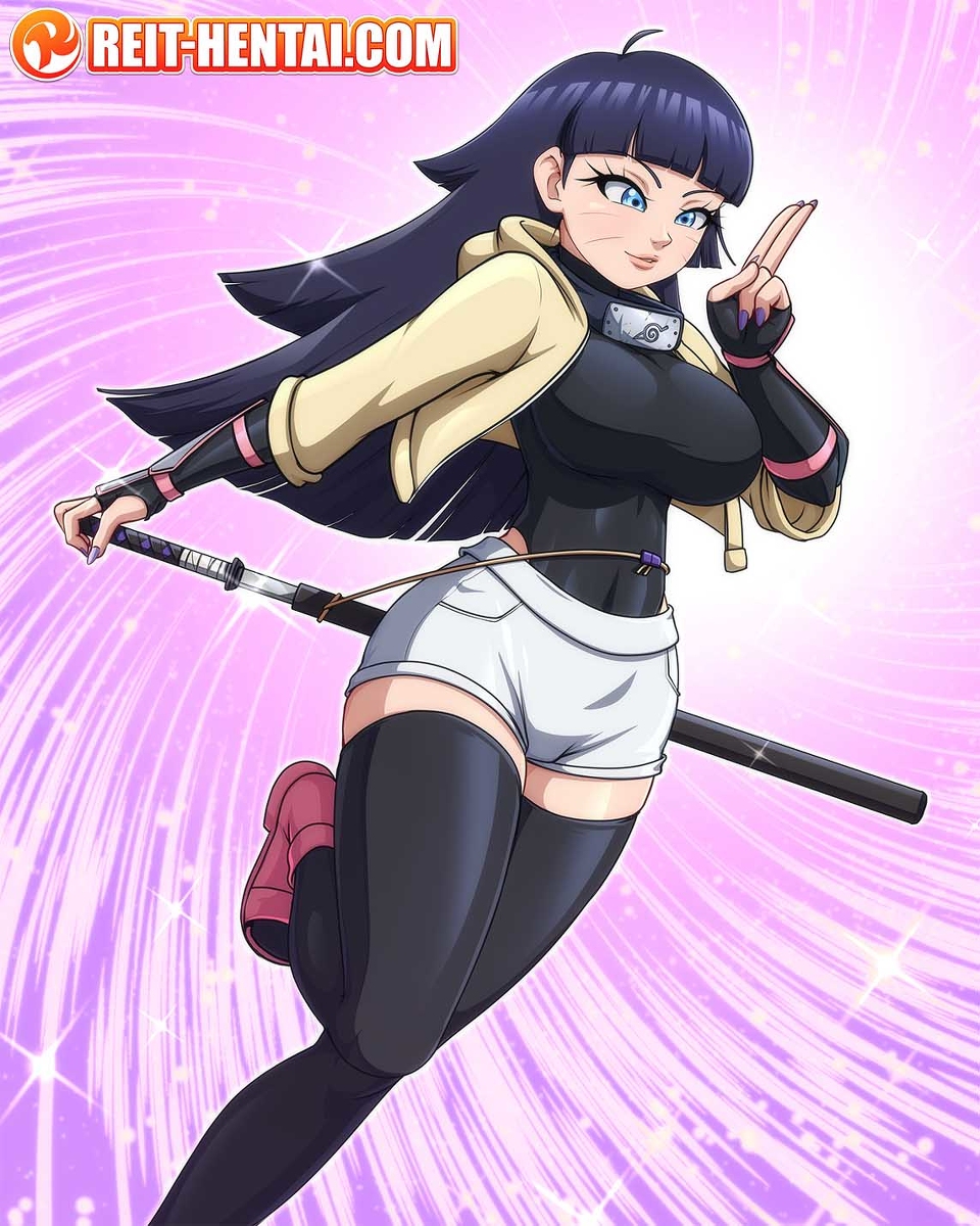 1girl, aged_up, ahoge, artist_name, black_thighhighs, blue_eyes, blunt_bangs, boruto:_two_blue_vortex, breasts, facial_mark, forehead_protector, glint, highres, holding, holding_behind_back, holding_sword, holding_sword_behind_back, holding_weapon, holding_weapon_behind_back, konohagakure_symbol, large_breasts, long_hair, nail_polish, naruto_(series), pink_footwear, purple_nails, reit, scabbard, sheath, shorts, simple_background, skin_tight, smile, solo, sword, thighhighs, uchiko, unsheathing, uzumaki_himawari, weapon, whisker_markings
