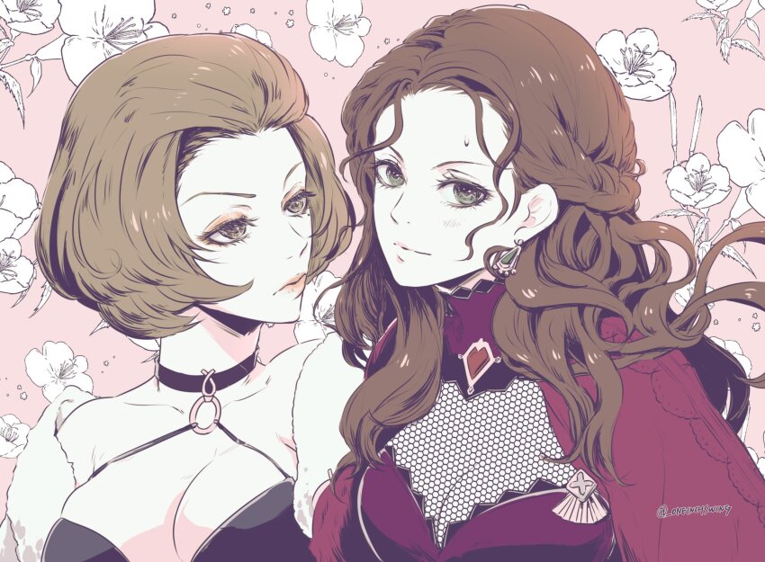 2girls, breasts, brown_eyes, brown_hair, cleavage, closed_mouth, dorothea_arnault, fire_emblem