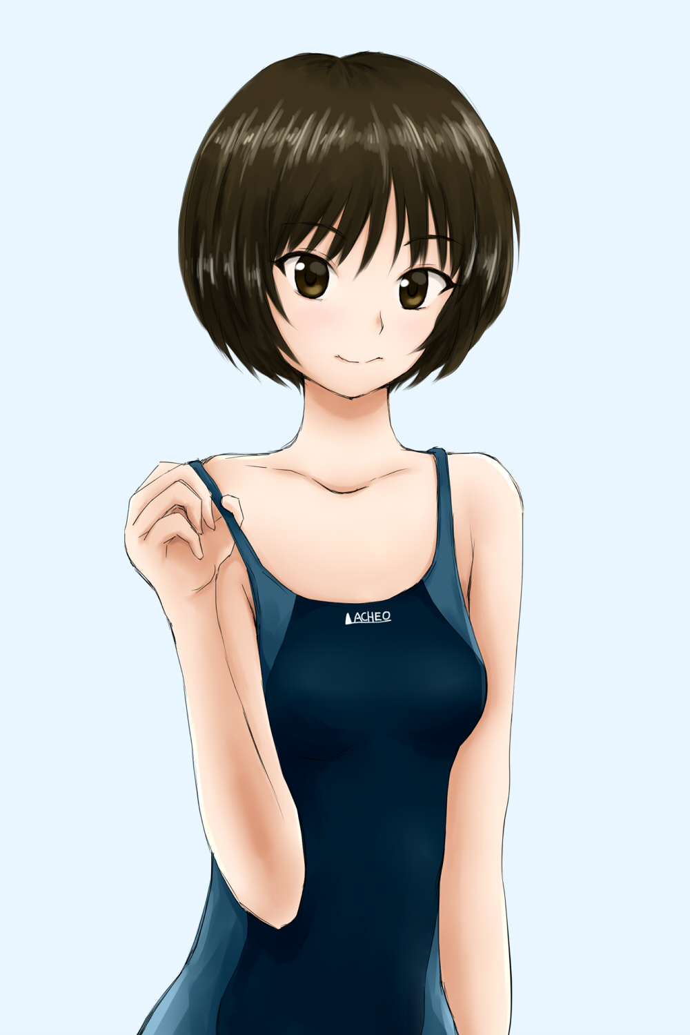 1girl, adjusting_clothes, adjusting_strap, adjusting_swimsuit, amagami, black_one-piece_swimsuit, blue_background, blue_one-piece_swimsuit, bob_cut, breasts, brown_eyes, brown_hair, closed_mouth, collarbone, commentary, competition_school_swimsuit, competition_swimsuit, hand_up, highres, kitaokasensei, light_smile, one-piece_swimsuit, school_swimsuit, short_hair, simple_background, small_breasts, smile, solo, swimsuit, tachibana_miya, two-tone_swimsuit, upper_body
