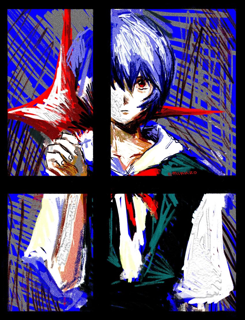 1girl, absurdres, artist_name, ayanami_rei, blue_background, blue_hair, closed_mouth, emikkzo