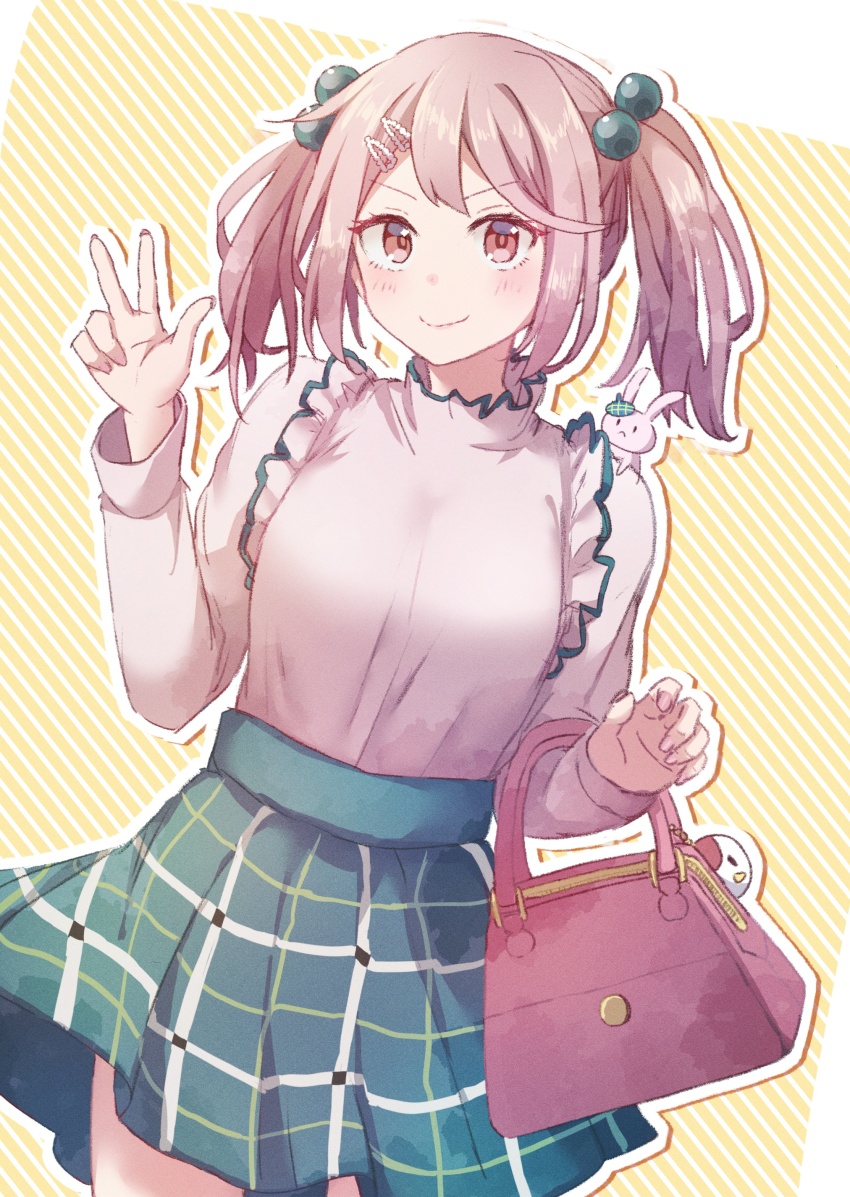 1girl, absurdres, closed_mouth, cowboy_shot, highres, kantai_collection, looking_at_viewer, missou_shiro, pink_eyes, pink_hair, sazanami_(kancolle), sazanami_(maizuru)_(kancolle), short_hair, smile, solo, twintails