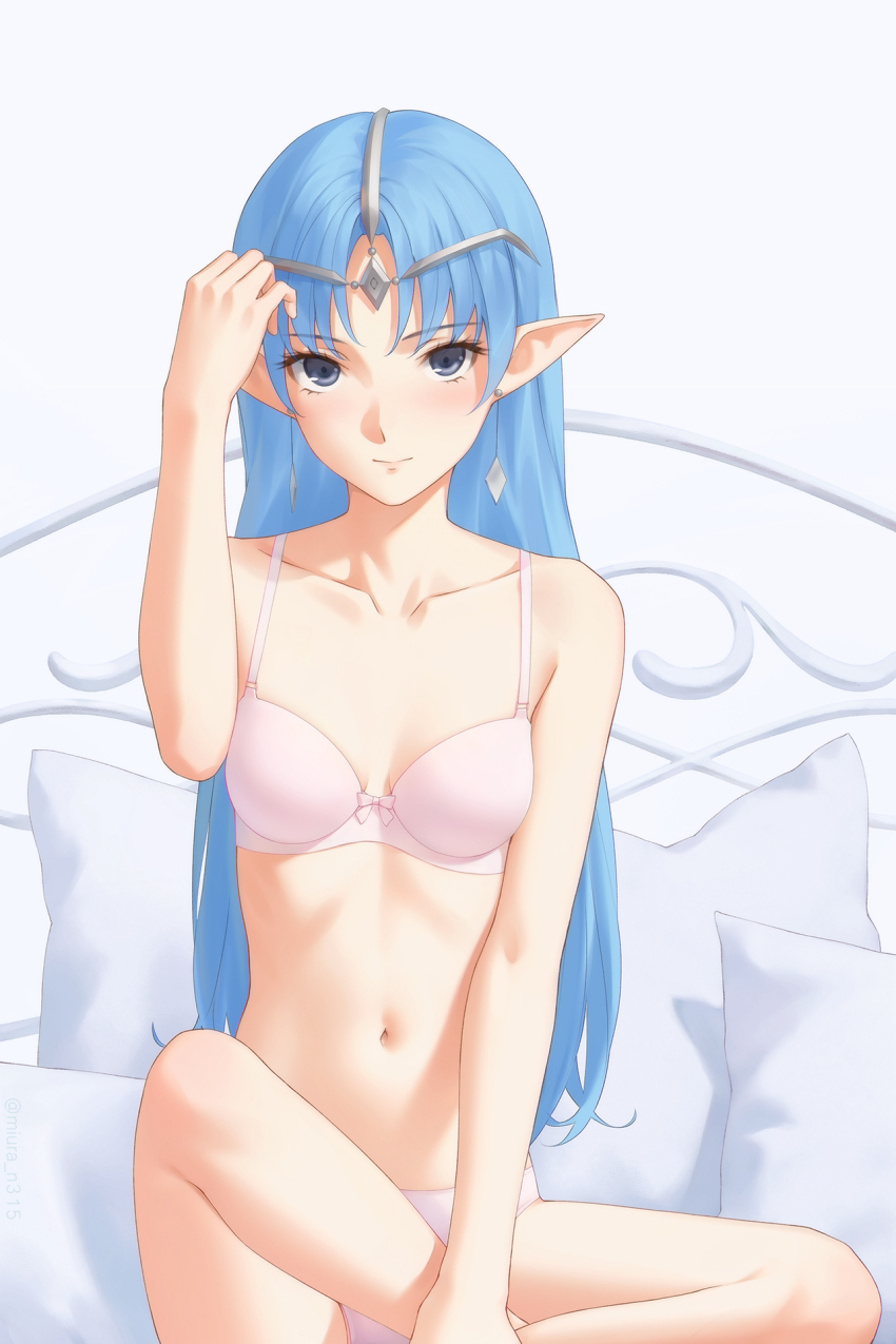 1girl, aqua_hair, bra, breasts, circlet, closed_mouth, commentary, earrings