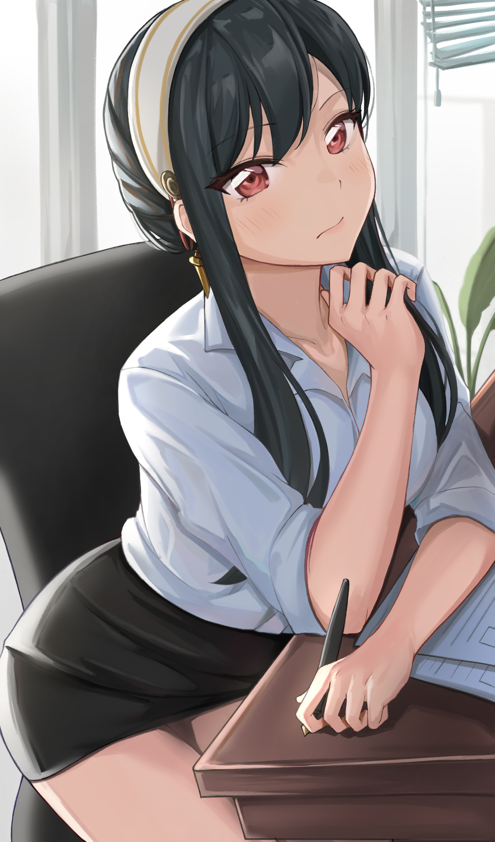 1girl, black_hair, black_skirt, blush, chair, closed_mouth, desk, dress_shirt