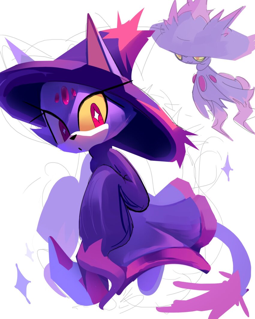 1girl, animal_ears, blaze_the_cat, budgie177, cat_ears, cat_girl, cat_tail, colored_sclera, commentary, cosplay, crossover, dress, english_commentary, eyelashes, forehead_jewel, furry, furry_female, gen_4_pokemon, hat, highres, long_sleeves, looking_at_viewer, mismagius, mismagius_(cosplay), nintendo, pokemon, pokemon_(creature), purple_dress, red_eyes, sleeves_past_fingers, sleeves_past_wrists, sonic_(series), star-shaped_pupils, star_(symbol), symbol-shaped_pupils, tail, white_background, witch_hat, yellow_sclera