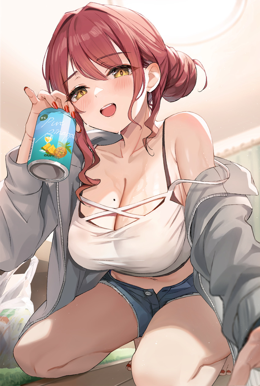 1girl, alcohol, bag, barefoot, black_bra, blush, bra, bra_strap