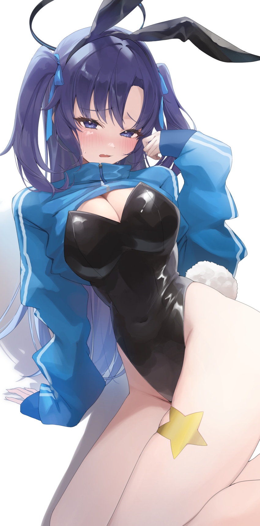 1girl, absurdres, animal_ears, black_leotard, blue_archive, blue_jacket, blush, breasts