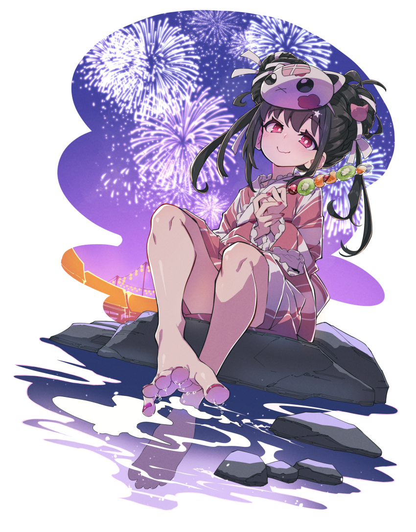 1girl, absurdres, aerial_fireworks, barefoot, blue_sky, blush, closed_mouth, commission