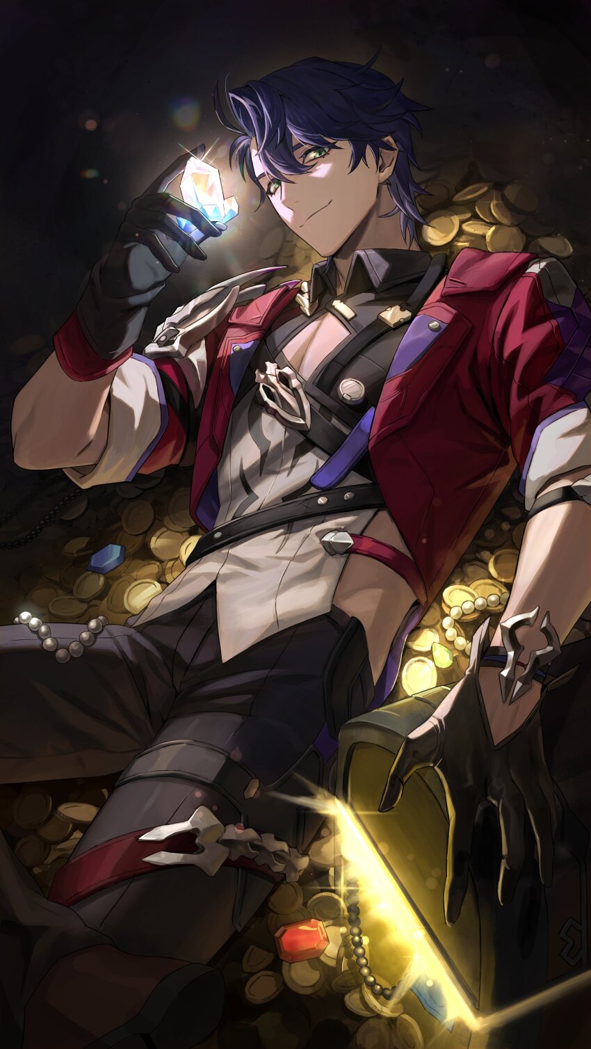 1boy, absurdres, black_gloves, black_pants, blue_hair, closed_mouth, coin, duck_x805