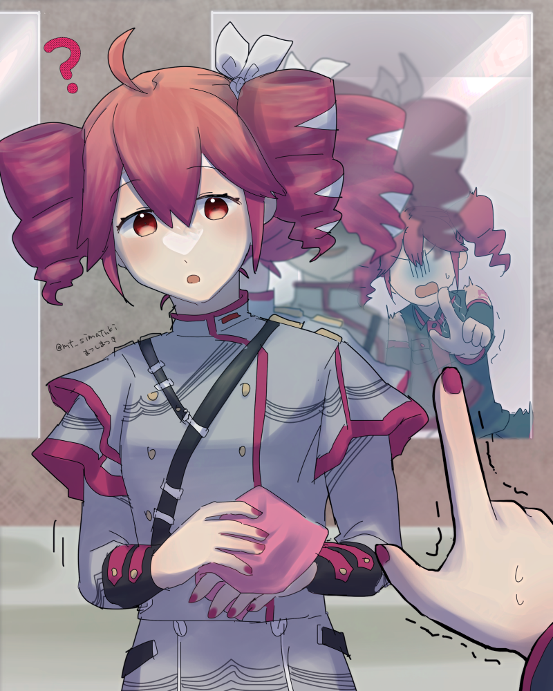 3girls, :o, ?, ahoge, artist_name, bathroom, black_shirt, black_sleeves, blush, buttons, clone, clueless, commentary_request, detached_sleeves, different_reflection, double-breasted, drill_hair, drying, dual_persona, faceless, faceless_female, ghost, gloom_(expression), grey_jacket, grey_skirt, hair_ribbon, handkerchief, head_tilt, holding, holding_handkerchief, indoors, jacket, kasane_teto, kasane_teto_(sv), long_sleeves, looking_at_viewer, matsu_shimatsuki, mirror, multiple_girls, musical_staff_print, open_mouth, pale_skin, pointing, pov, pov_hands, print_jacket, print_skirt, red_eyes, red_hair, red_nails, reflection, ribbon, scared, shirt, shoulder_belt, sink, skirt, sleeve_cuffs, sleeveless, sleeveless_shirt, smile, musical_staff, sweat, synthesizer_v, translucent, trembling, turn_pale, twin_drills, twitter_username, utau, v-shaped_eyebrows, white_ribbon, wiping_hands