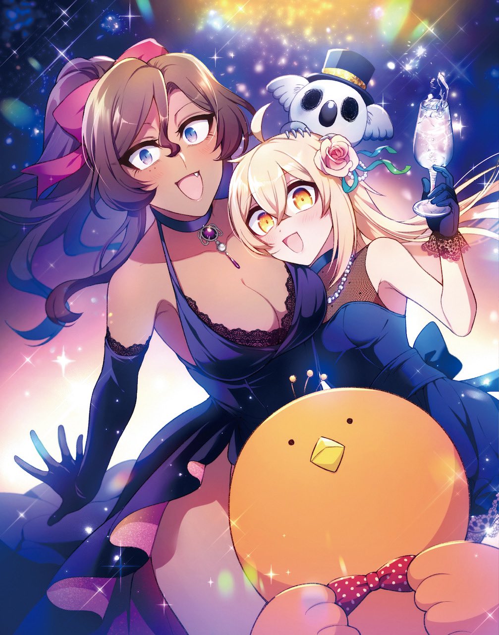 2girls, alissa_(dekoboko_majo_no_oyako_jijou), blonde_hair, blue_eyes, bow, bowtie, breasts, brown_hair