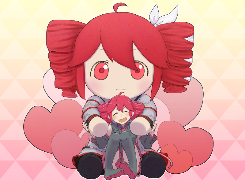 1girl, ahoge, black_boots, black_shirt, black_sleeves, blush, boots, character_doll, closed_eyes, collared_shirt, commentary, detached_sleeves, doll, drill_hair, facing_viewer, full_body, gradient_background, hair_ribbon, head_tilt, heart, holding, holding_doll, kasane_teto, kasane_teto_(sv), kasane_teto_(utau), knees_up, matsu_shimatsuki, open_mouth, oversized_object, patterned_background, pink_background, red_hair, ribbon, shirt, short_hair, sitting, sleeveless, sleeveless_shirt, smile, solo, untranslatable_commentary, synthesizer_v, thigh_boots, twin_drills, uroko_(pattern), utau, v-shaped_eyebrows, white_ribbon, wide_shot, yellow_background