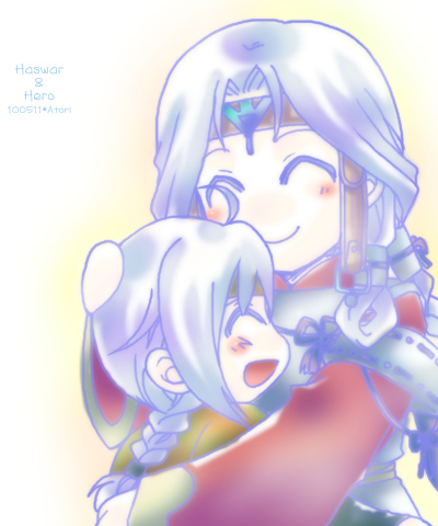 1boy, 1girl, atoripy, blush, braid, closed_eyes, family, freyjadour_falenas, gensou_suikoden, gensou_suikoden_v, gradient_background, haswar_falenas, headband, long_hair, lowres, open_mouth, silver_hair, single_braid