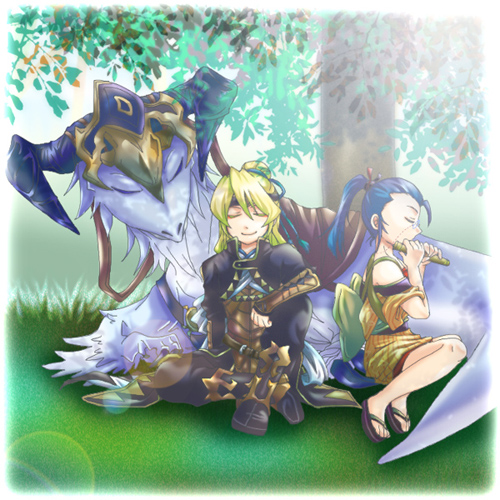 1boy, 1girl, armor, atoripy, bad_id, bad_pixiv_id, blonde_hair, blue_hair