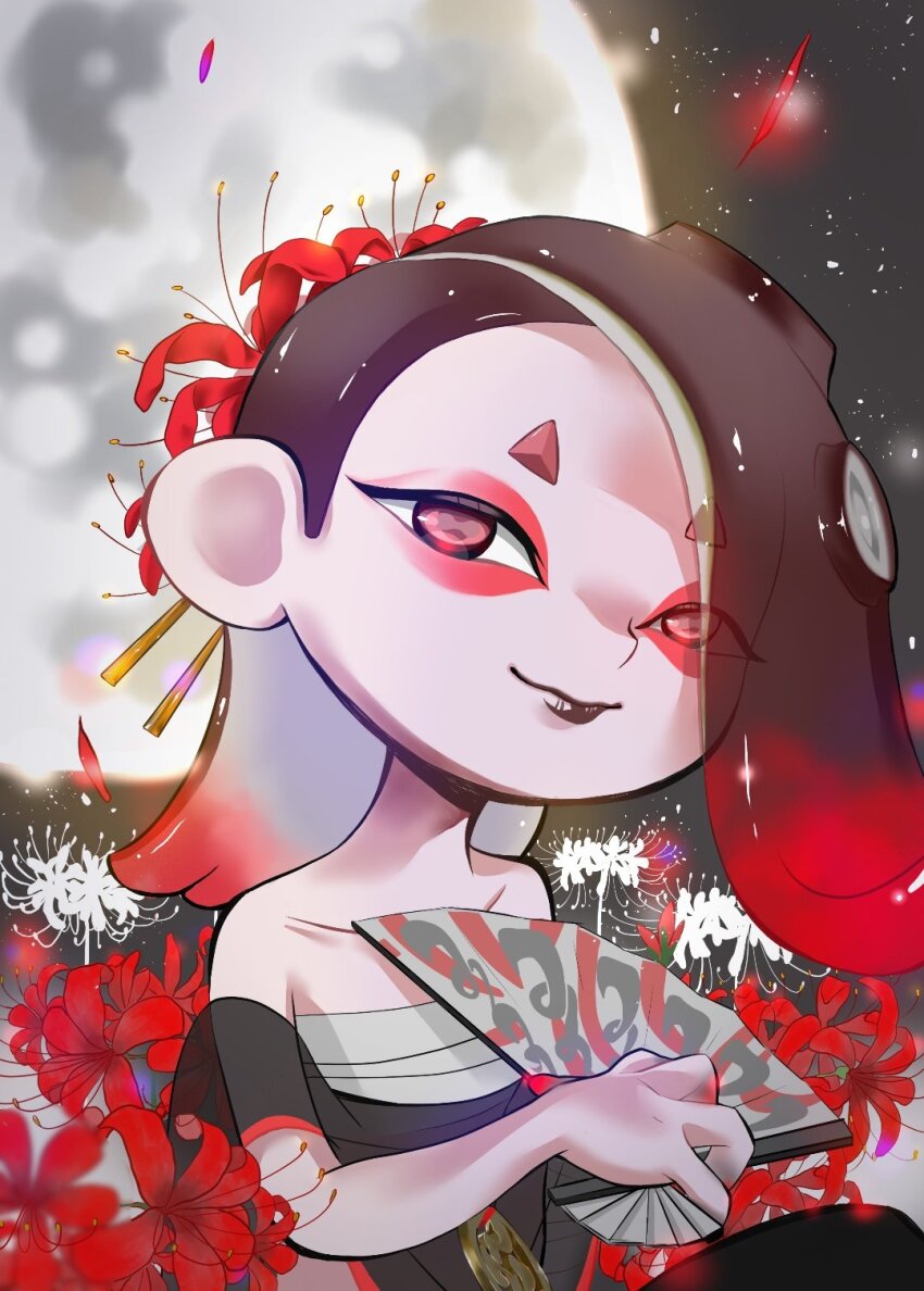 1girl, atataka_soranko, black_lips, capelet, chest_sarashi, collarbone, eyeshadow, flower