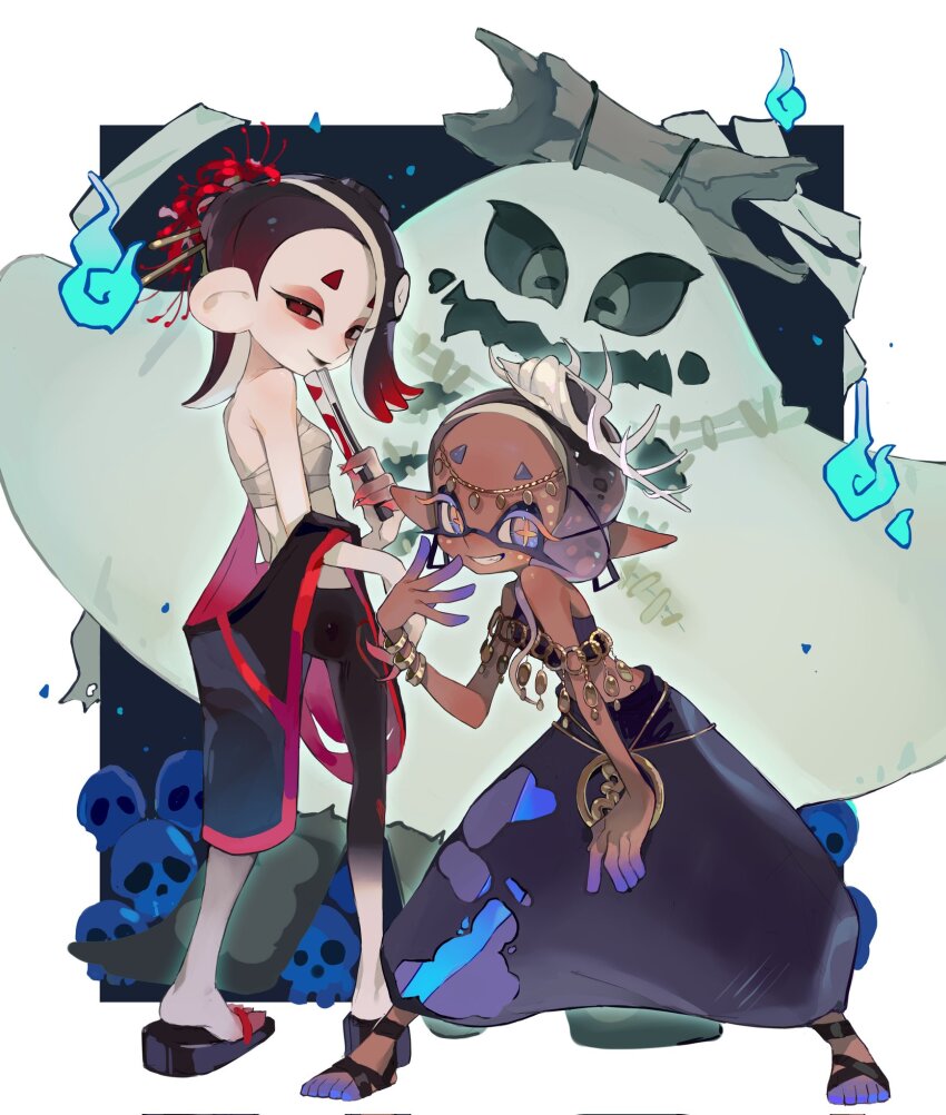 1boy, 2girls, alternate_color, alternate_costume, baggy_pants, big_man_(splatoon), big_man_(splatoween)_(splatoon), black_lips