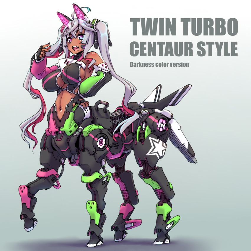 1girl, ahoge, alternate_breast_size, alternate_color, alternate_skin_color, bare_shoulders, black_gloves, black_nails