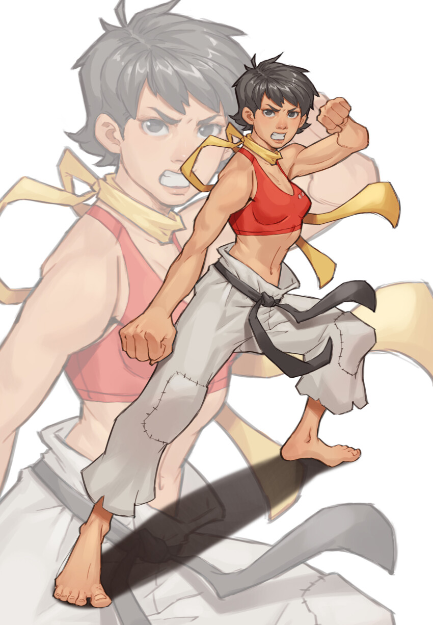 absurdres, belt, black_belt, black_eyes, black_hair, capcom, clenched_teeth, crop_top