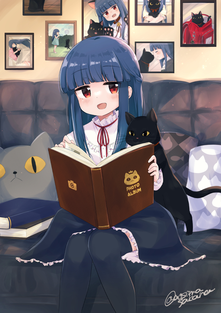 1girl, animal, aoshima_sakana, backpack, bag, black_cat, black_thighhighs, blue_hair