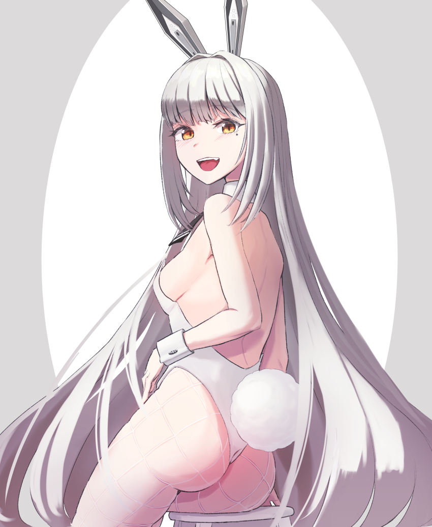 1girl, :d, absurdres, animal_ears, ascot, ass, black_ascot, blanc_(nikke), blunt_bangs, breasts, detached_collar, fake_animal_ears, fake_tail, fishnet_pantyhose, fishnets, from_behind, goddess_of_victory:_nikke, highleg, highleg_leotard, highres, kano_hoshi, leotard, light_blush, long_hair, medium_breasts, open_mouth, orange_eyes, pantyhose, playboy_bunny, rabbit_ears, rabbit_tail, sitting, smile, solo, strapless, strapless_leotard, tail, very_long_hair, white_hair, white_leotard, wrist_cuffs