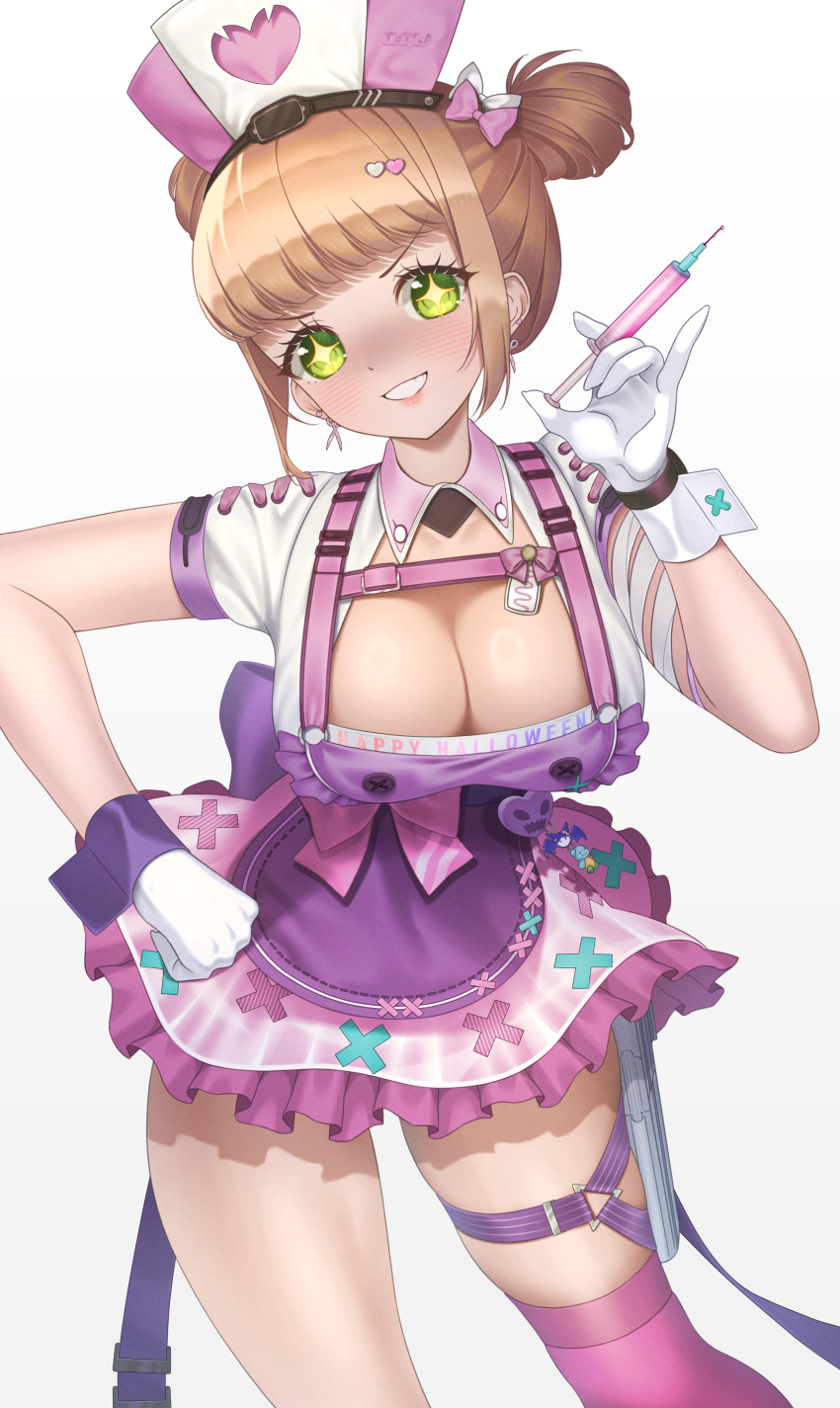 +_+, 1girl, absurdres, apron, blunt_bangs, blush, breasts, brown_hair