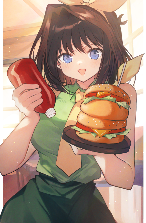 1girl, :q, blue_eyes, brown_hair, burger, facing_viewer, food, hair_intakes