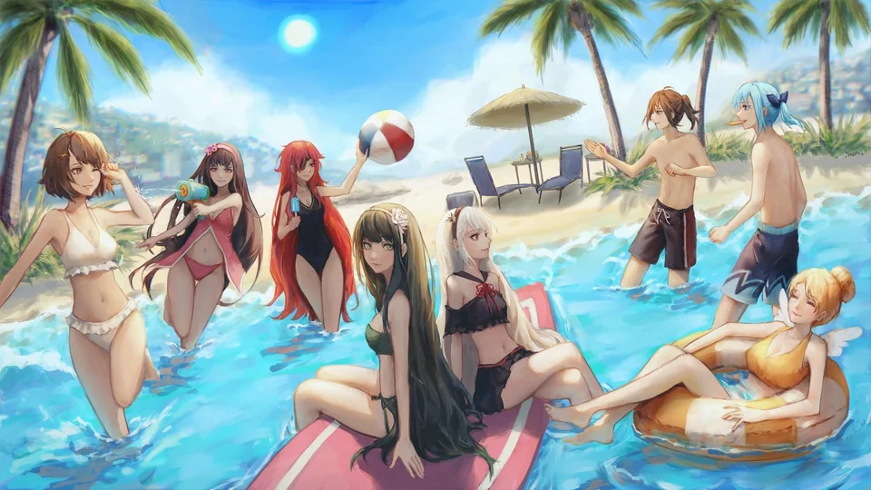 2boys, 6+girls, androssi_zahard, baam, beach, bikini, bikini_skirt, black_bikini