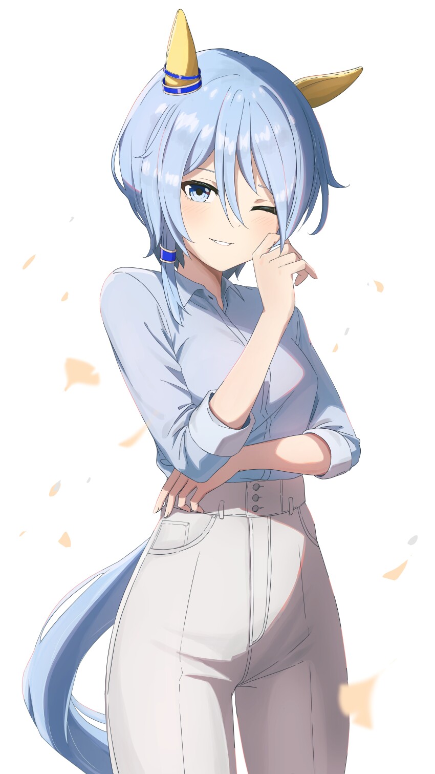 150ml, 1girl, ;), absurdres, animal_ears, blue_eyes, blue_hair, blue_shirt