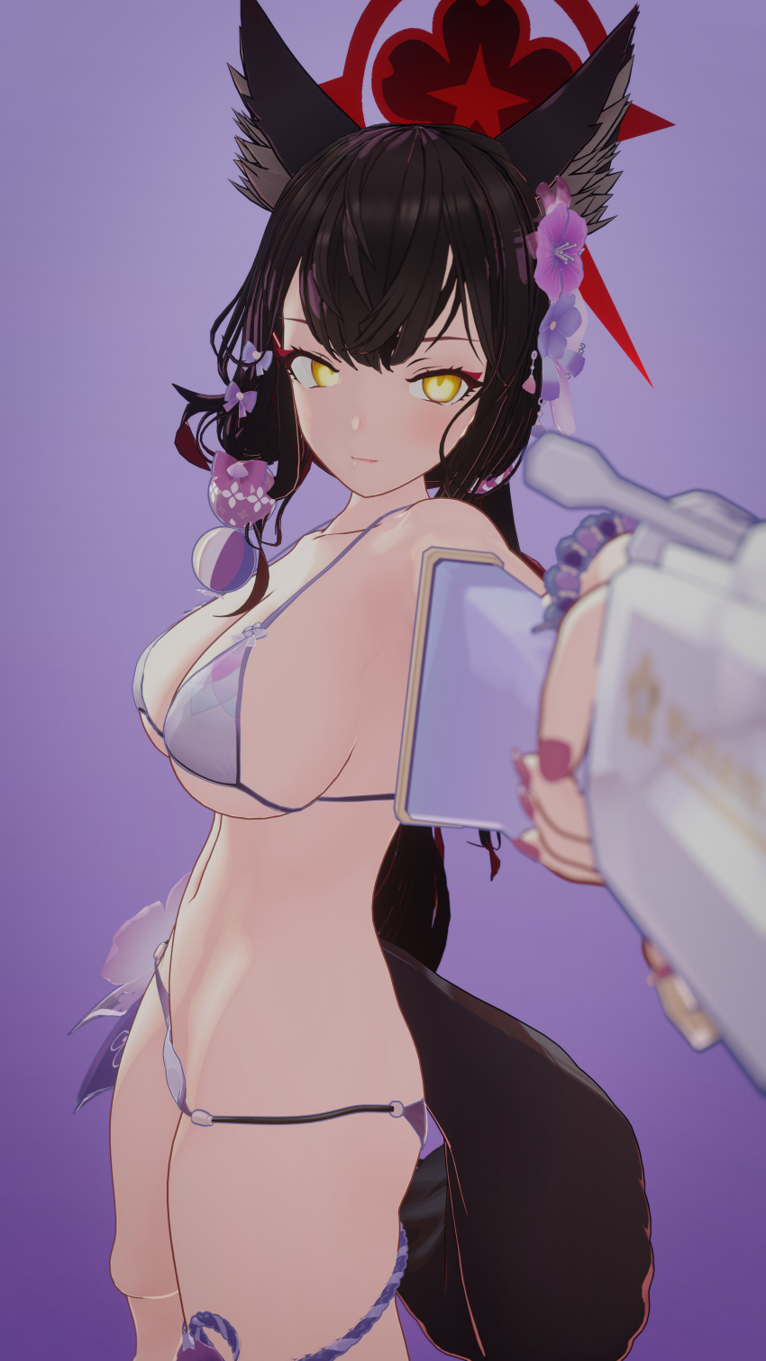 1girl, 3d, absurdres, aiming, alternate_costume, animal_ears, ass, black_hair, blue_archive, breasts, croove, gun, halo, highres, large_breasts, nail_polish, narrow_waist, official_alternate_costume, pointing_gun_at_viewer, purple_background, purple_nails, stomach, swimsuit, tagme, tail, wakamo_(blue_archive), wakamo_(swimsuit)_(blue_archive), weapon, wide_hips, yellow_eyes