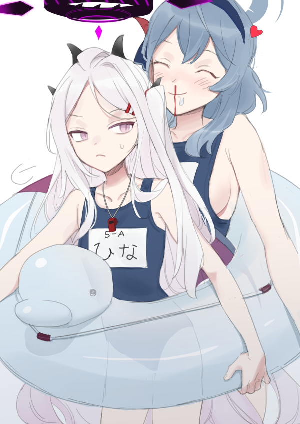 2girls, ahoge, ako_(blue_archive), armpit_crease, aroused_nosebleed, behind_another, blood, blue_archive