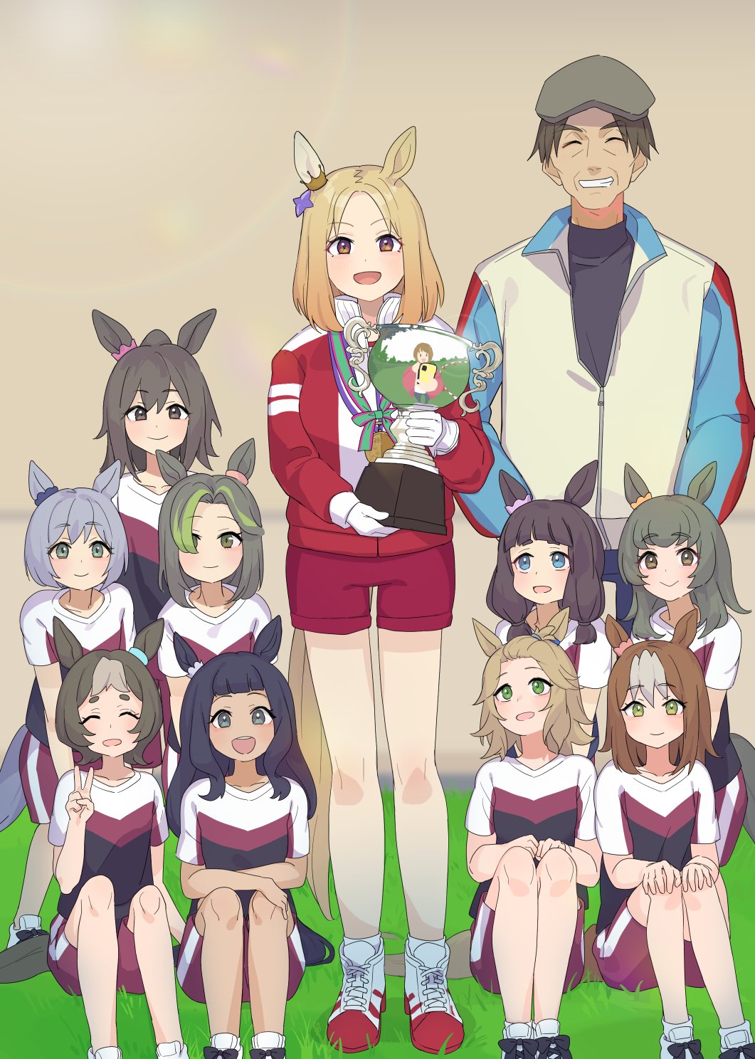 1boy, 6+girls, :d, ^_^, animal_ears, blonde_hair, blue_eyes, brown_eyes
