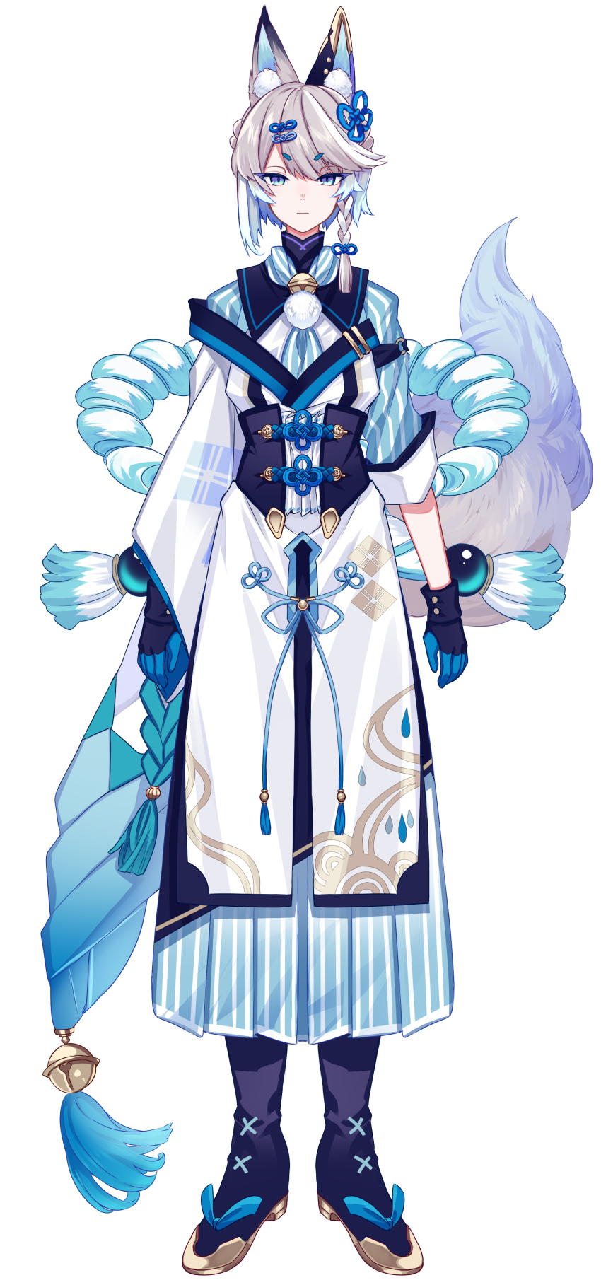 1boy, absurdres, animal_ear_fluff, animal_ears, apron, arms_at_sides, bell, black_boots