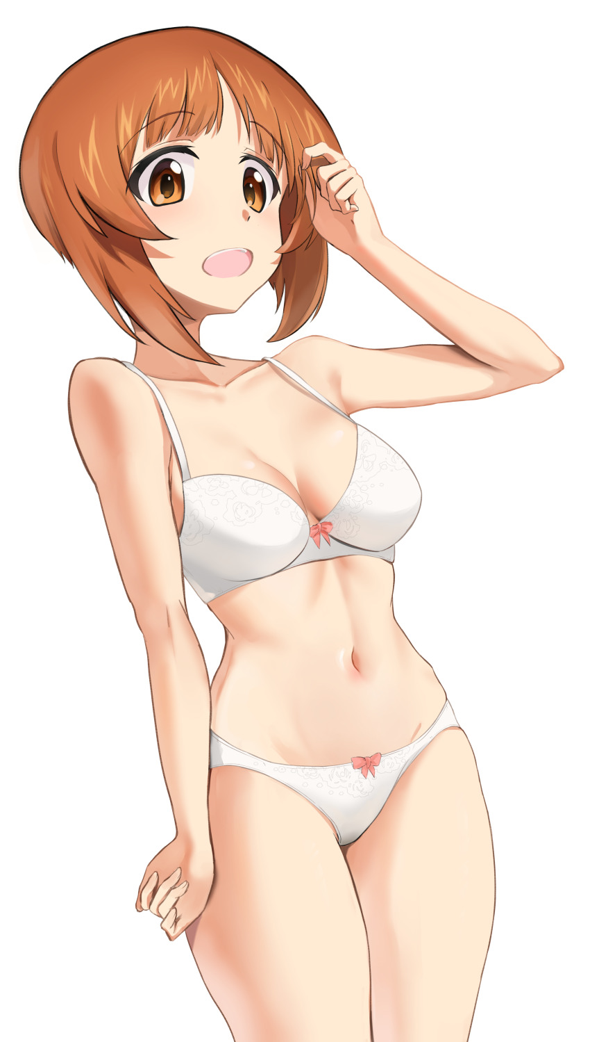 1girl, absurdres, adjusting_hair, bow, bow_bra, bow_panties, bra, breasts