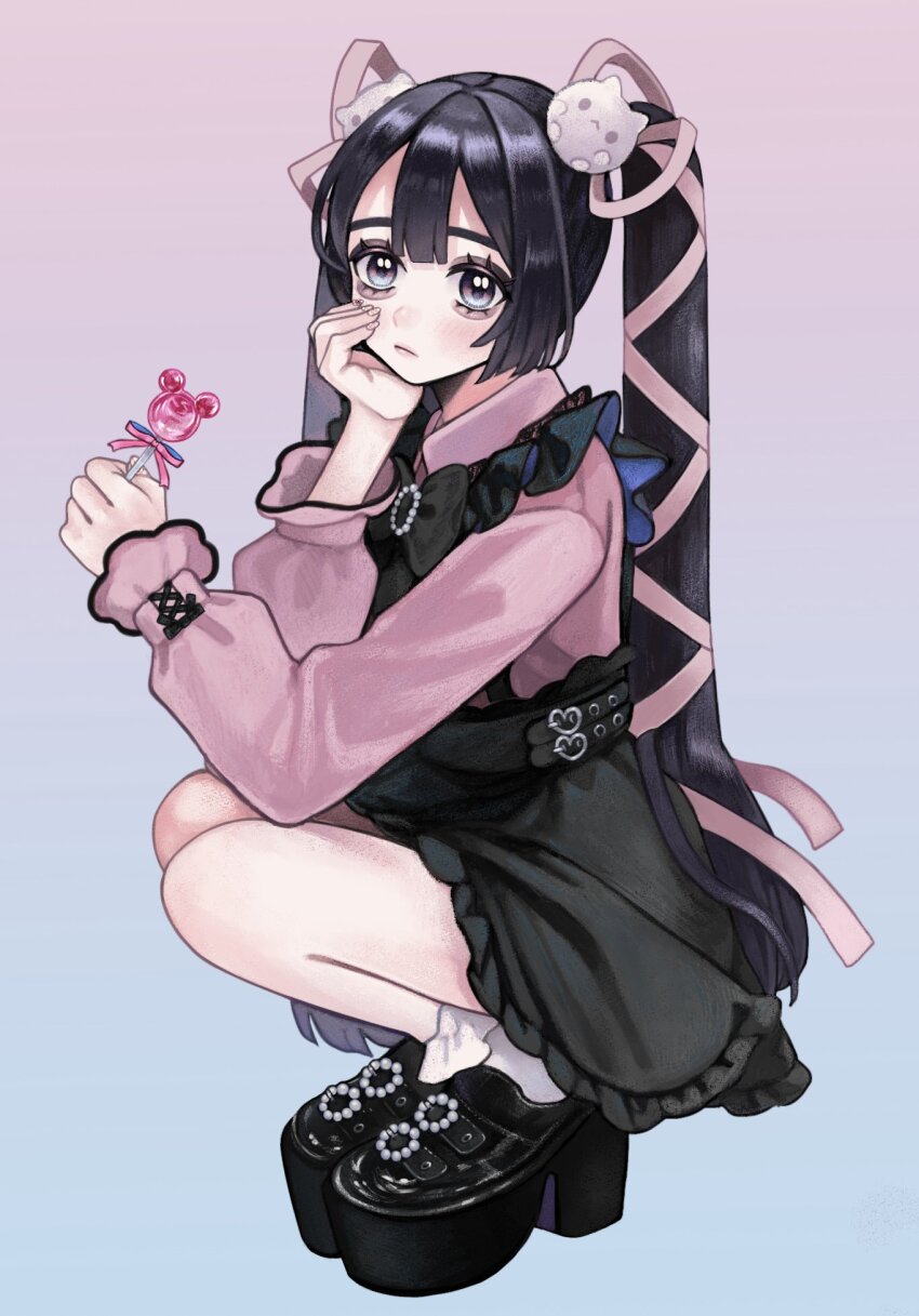 1girl, aegyo_sal, akiyama_syu, black_bow, black_eyeshadow, black_hair, black_shoes, blouse
