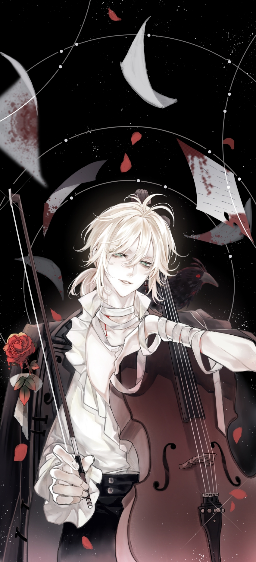 1boy, absurdres, animal, animal_on_shoulder, antenna_hair, asymmetrical_sleeves, bandaged_arm, bandaged_neck