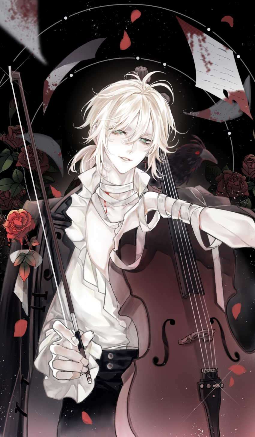 1boy, absurdres, animal, animal_on_shoulder, antenna_hair, asymmetrical_sleeves, bandaged_arm, bandaged_neck